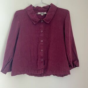 Flax Linen Short Jacket Top Women’s S (6-8) Burgundy Collared Button 3/4 Sleeve